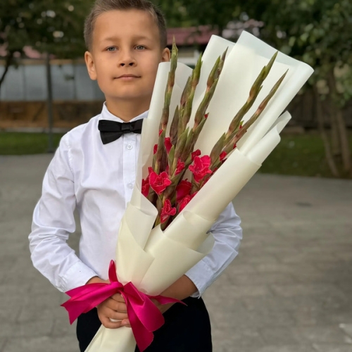 Букет на 1 сентября из 7 малиновых гладиолусов в Химках